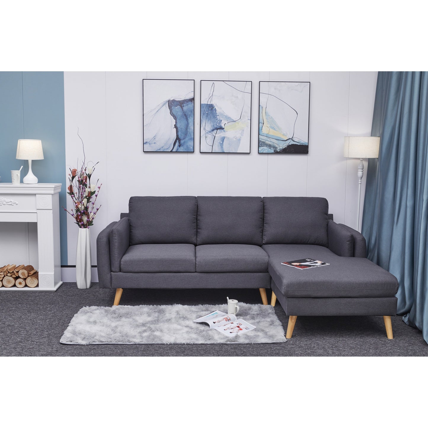 Divano a L in lino da 84,6'' con chaise longue reversibile