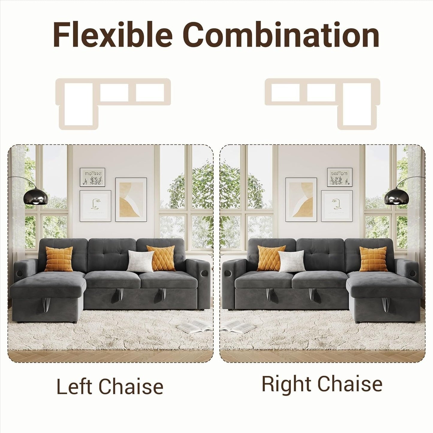 Divano letto 84 posti, divano componibile modulare con contenitore reversibile