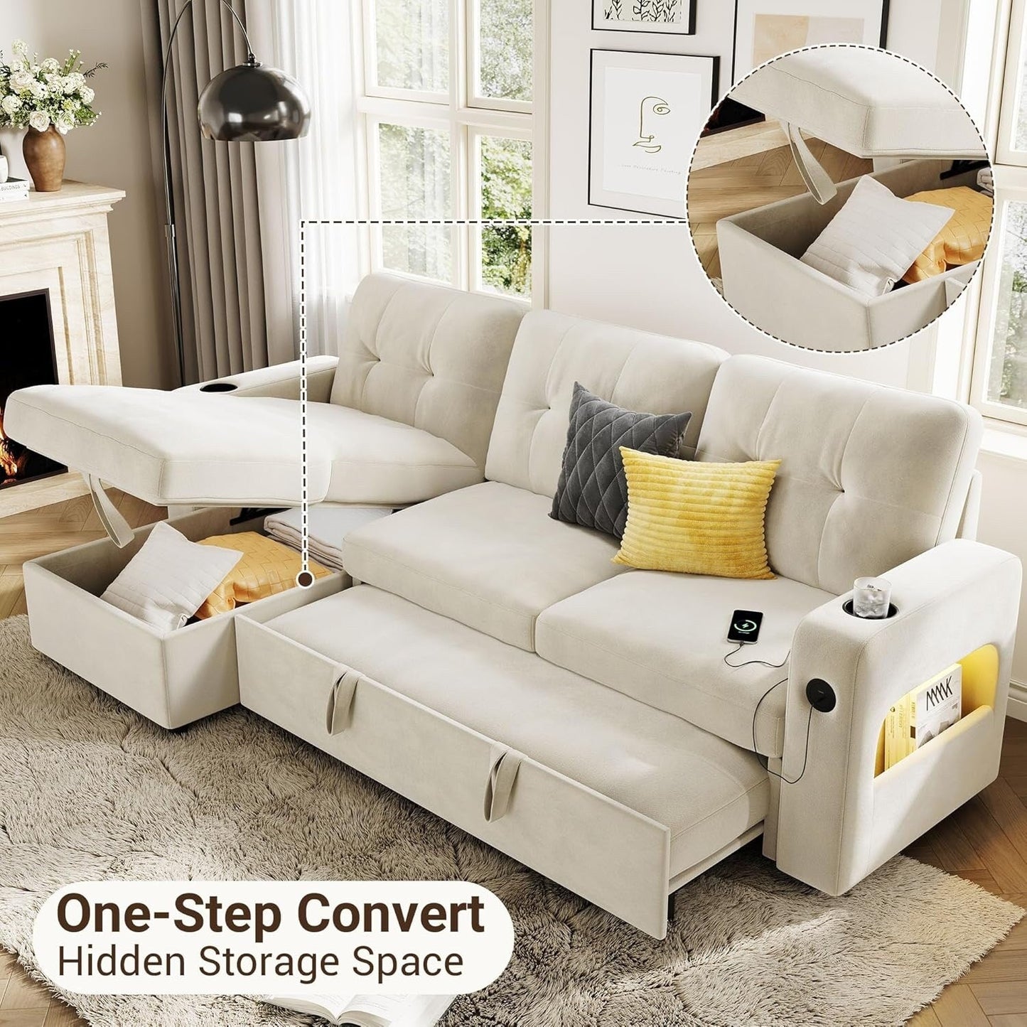 Divano letto 84 posti, divano componibile modulare con contenitore reversibile