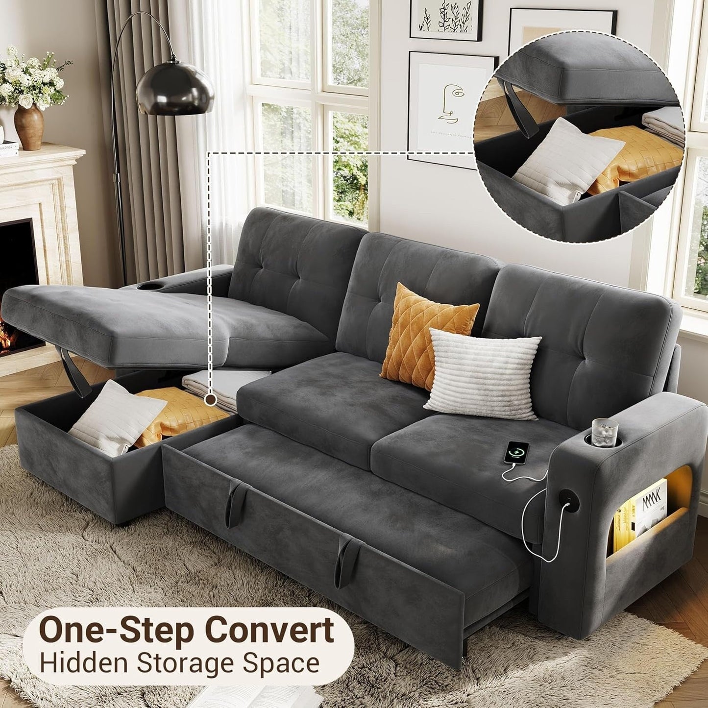 Divano letto 84 posti, divano componibile modulare con contenitore reversibile