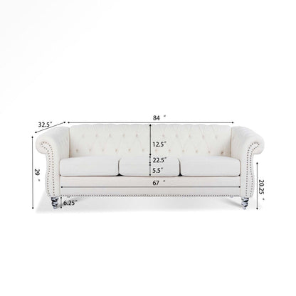 Divano Chesterfield a 3 posti con braccioli arrotolati bianchi 84