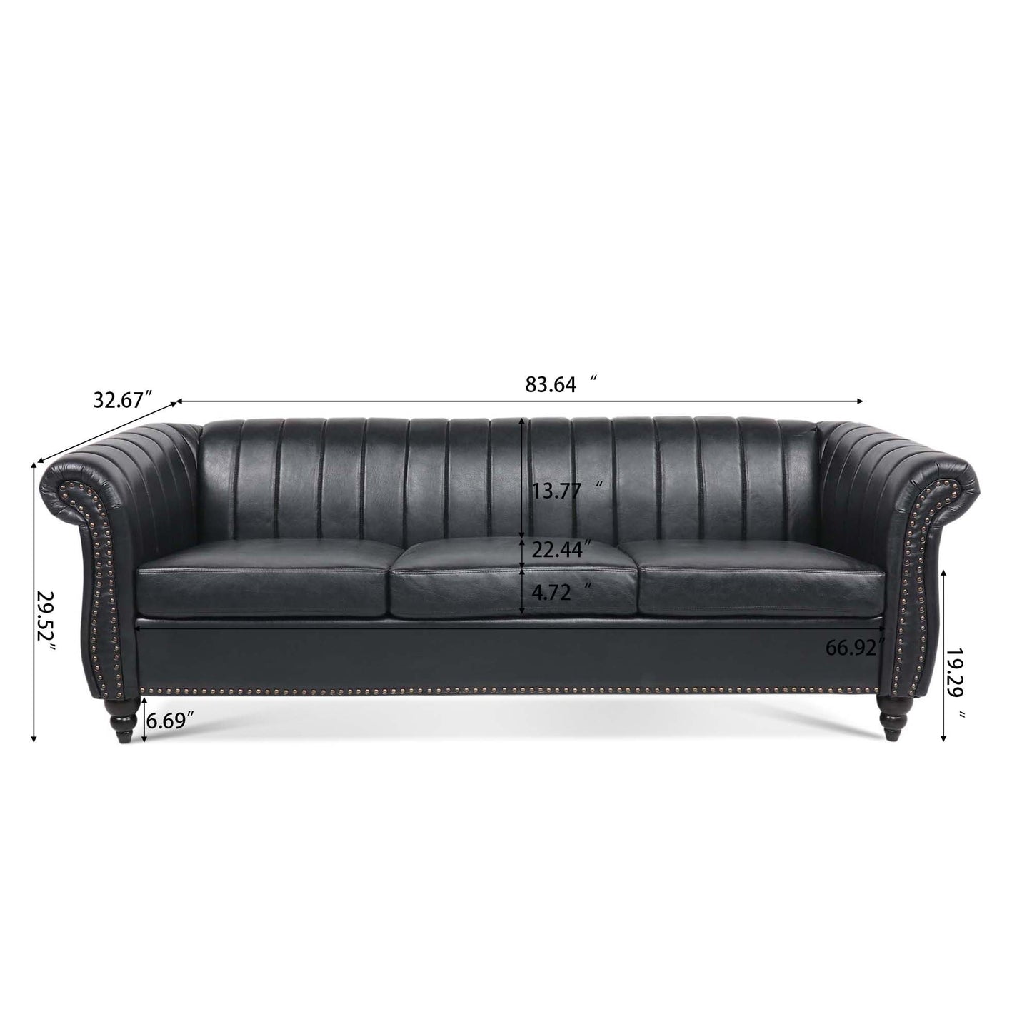 Divano Chesterfield a tre posti con braccioli arrotolati in PU da 84''