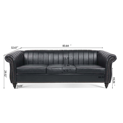 Divano Chesterfield a tre posti con braccioli arrotolati in PU da 84''