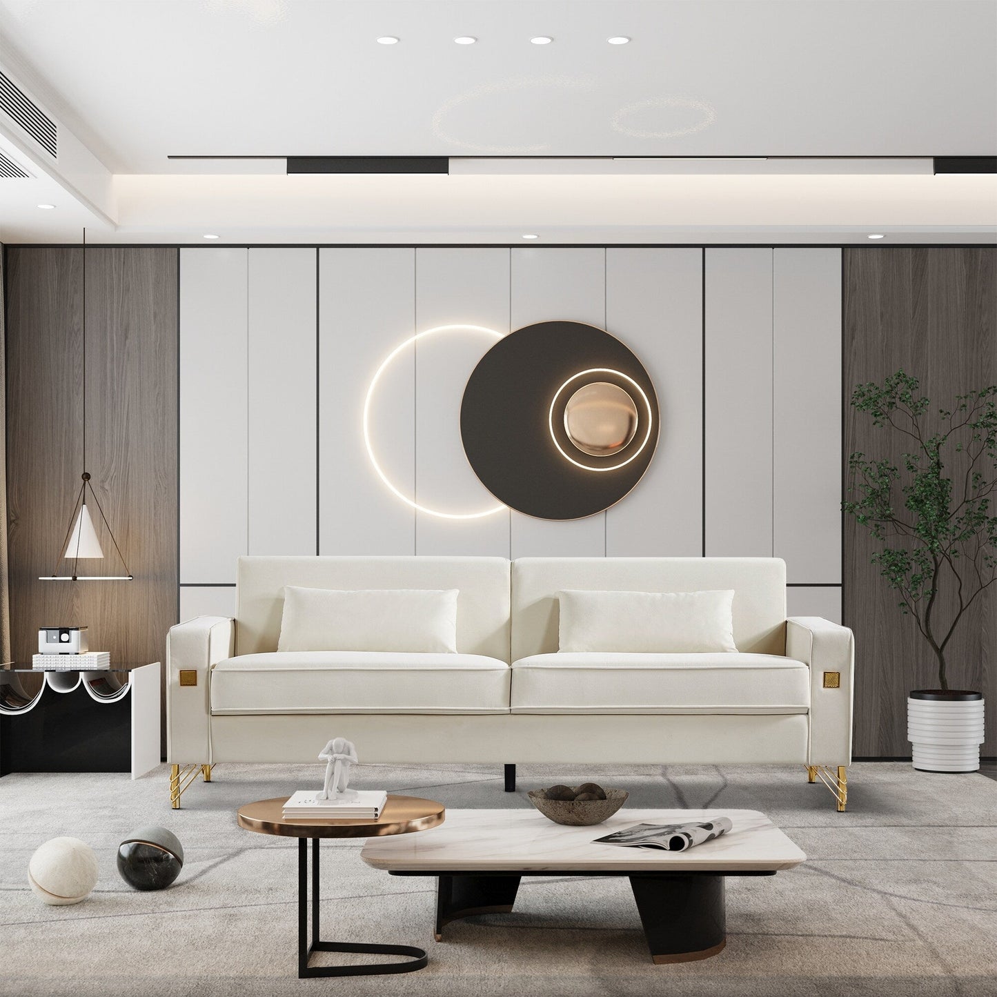 Divano moderno a 3 posti in velluto da 85,44 pollici con 2 cuscini, gambe in metallo dorato, eleganza senza tempo, schiuma ad alta densità