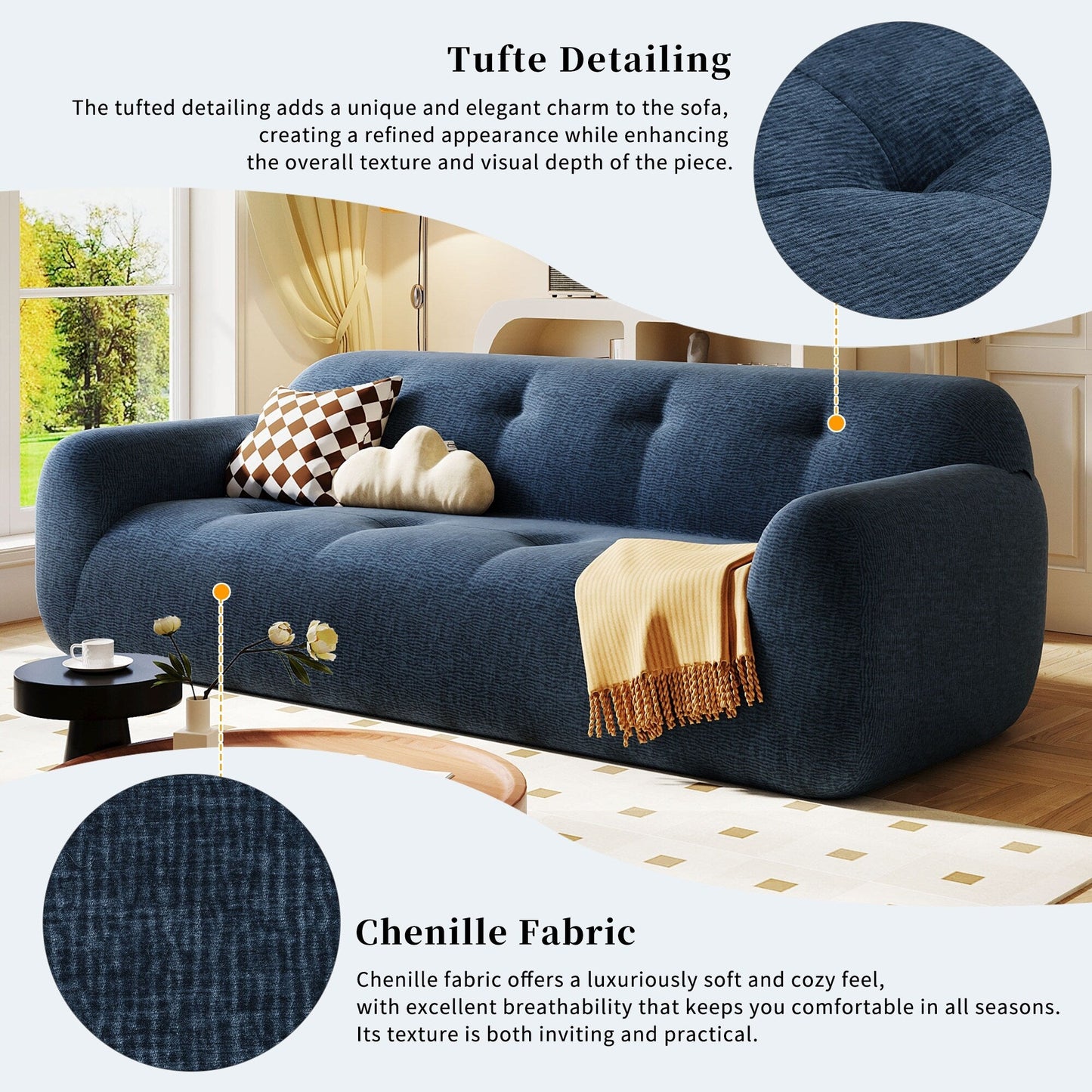 Divano a 3 posti in tessuto ciniglia largo 85,8 cm, design a compressione completa in spugna, con schiuma senza polvere, molle insacchettate per un comfort extra