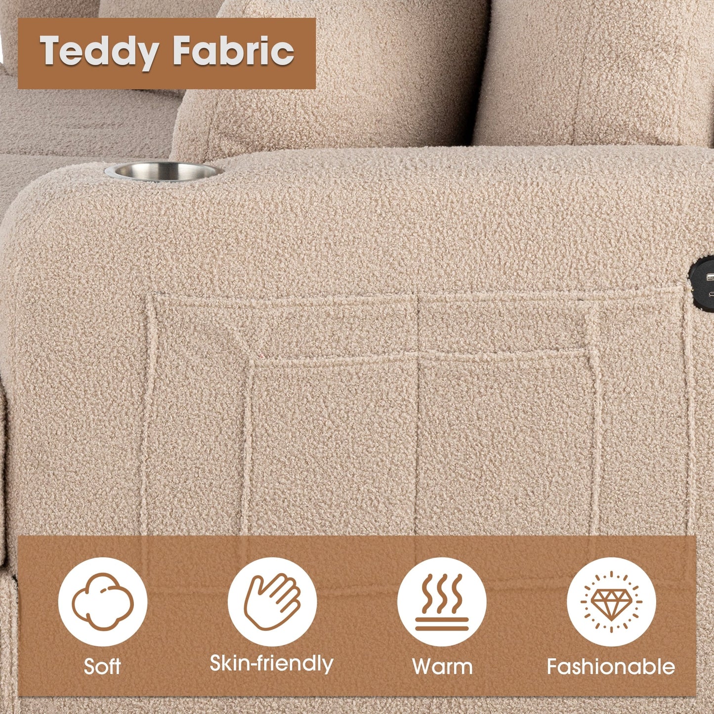 Divano moderno a 3 posti in velluto a coste beige con USB e 2 cuscini