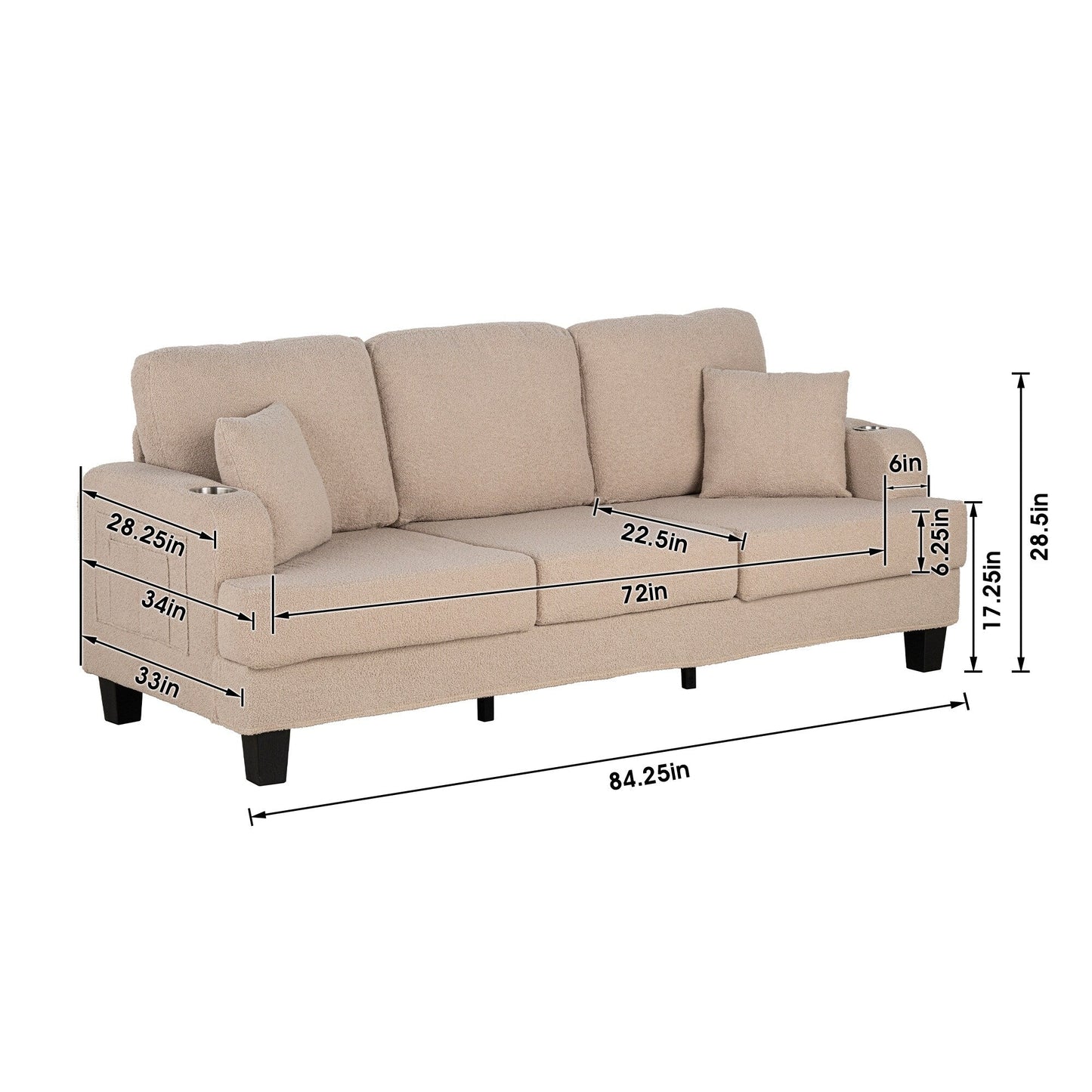 Divano moderno a 3 posti in velluto a coste beige con USB e 2 cuscini