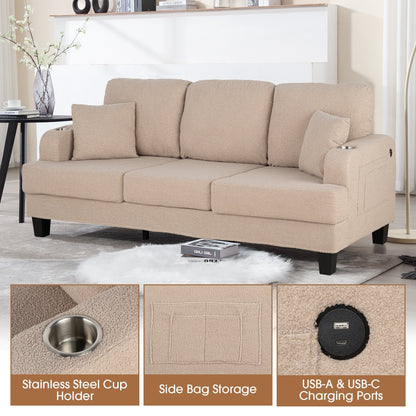 Divano moderno a 3 posti in velluto a coste beige con USB e 2 cuscini