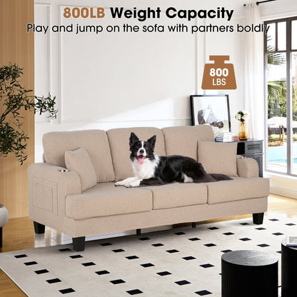 Divano moderno a 3 posti in velluto a coste beige con USB e 2 cuscini