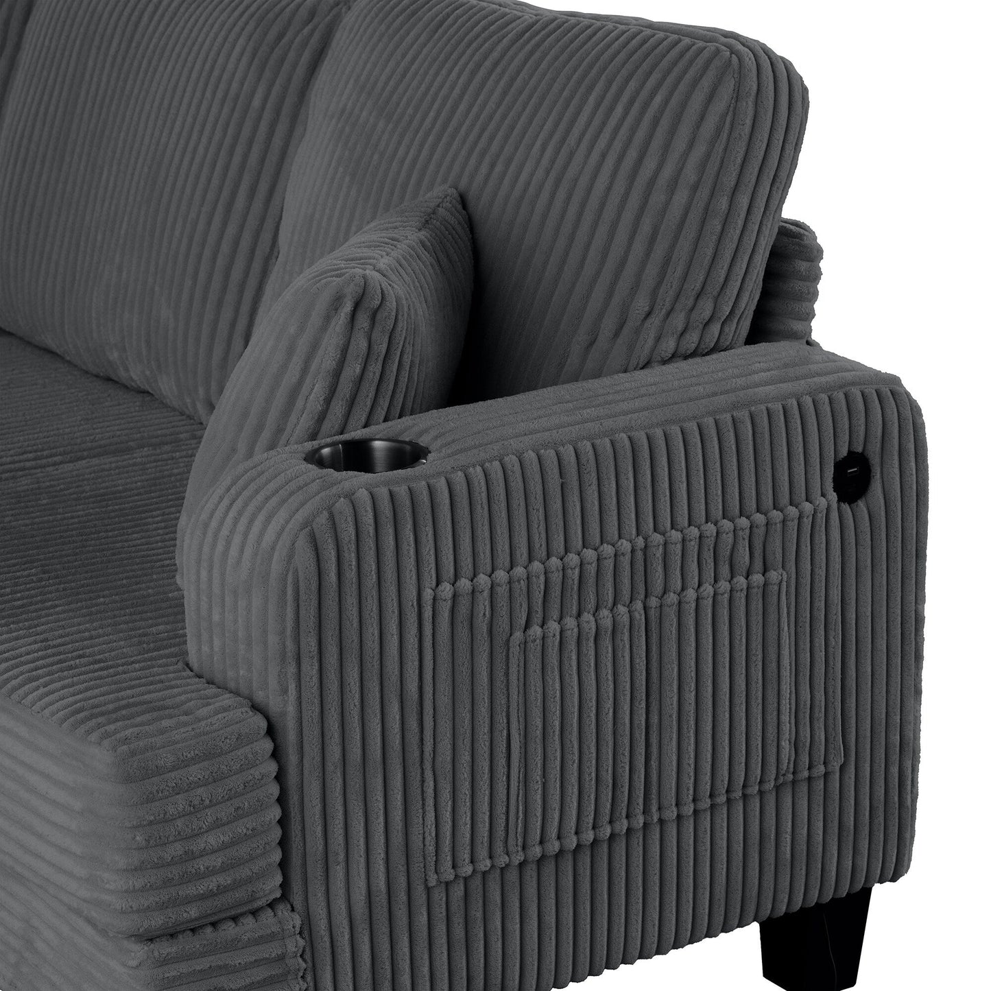 Divano moderno rettangolare in velluto a coste a 3 posti con USB e 2 cuscini