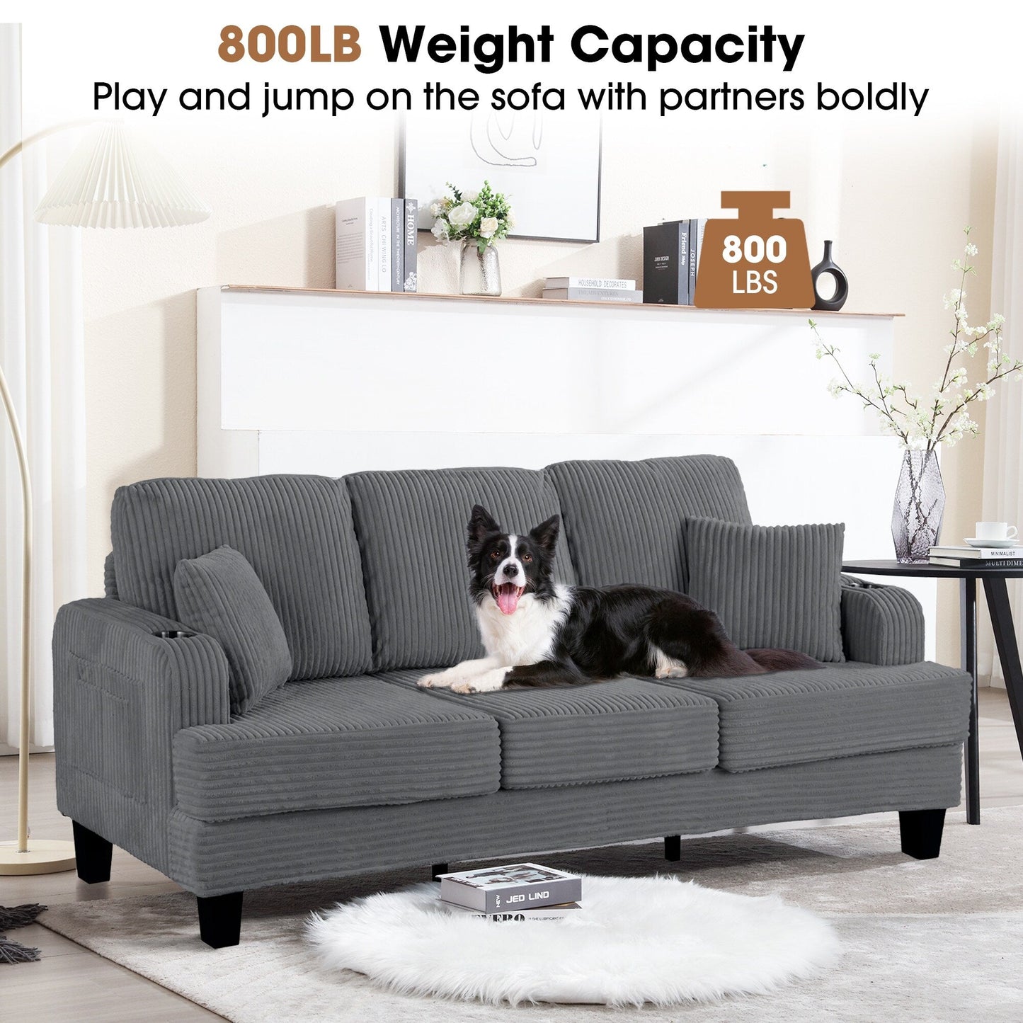 Divano moderno rettangolare in velluto a coste a 3 posti con USB e 2 cuscini