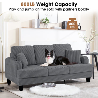 Divano moderno rettangolare in velluto a coste a 3 posti con USB e 2 cuscini