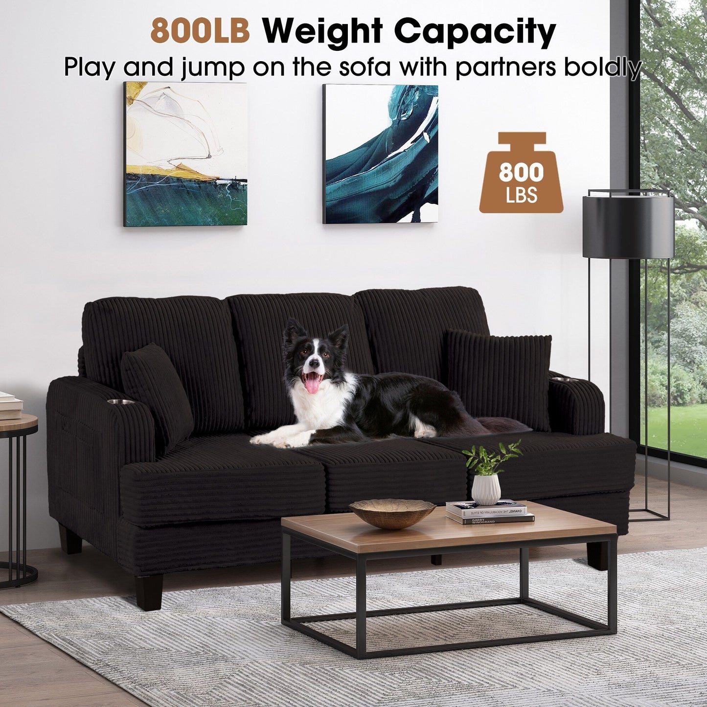 Divano moderno rettangolare in velluto a coste a 3 posti con USB e 2 cuscini