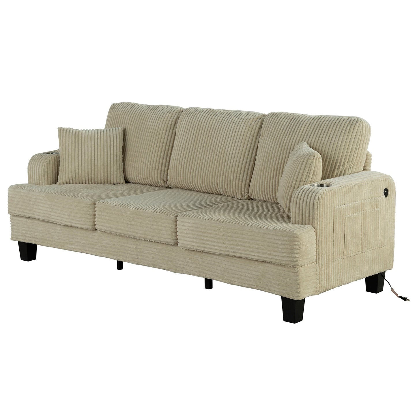 Divano moderno rettangolare in velluto a coste a 3 posti con USB e 2 cuscini