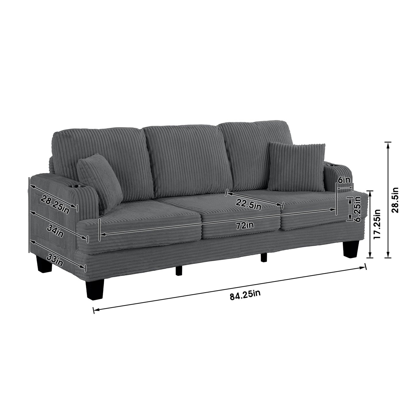 Divano moderno rettangolare in velluto a coste a 3 posti con USB e 2 cuscini