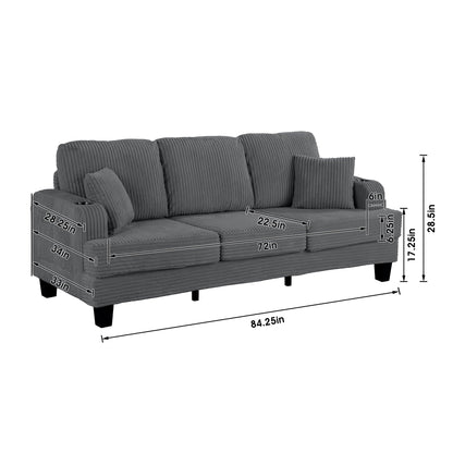 Divano moderno rettangolare in velluto a coste a 3 posti con USB e 2 cuscini