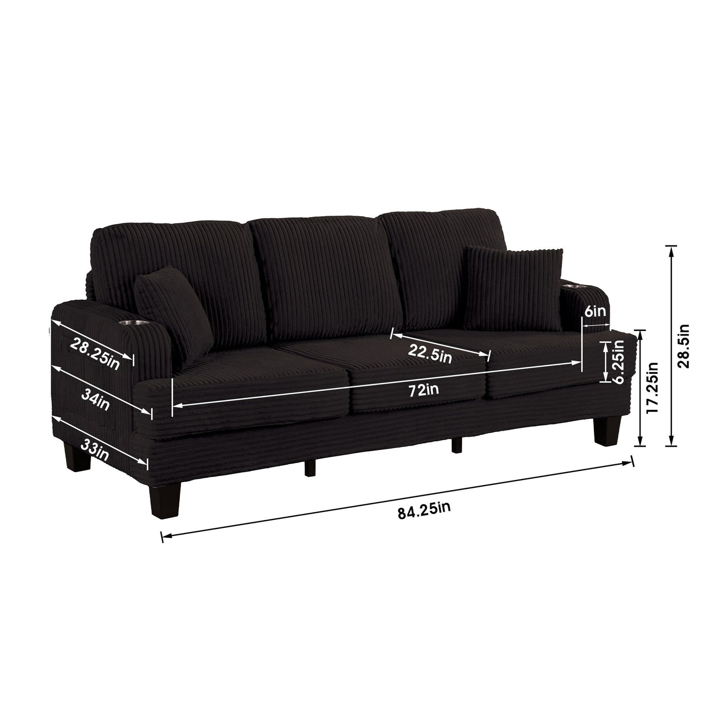 Divano moderno rettangolare in velluto a coste a 3 posti con USB e 2 cuscini