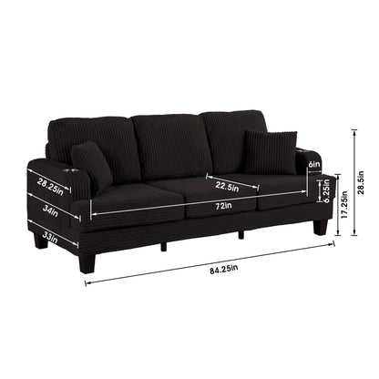 Divano moderno rettangolare in velluto a coste a 3 posti con USB e 2 cuscini