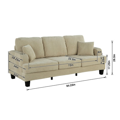 Divano moderno rettangolare in velluto a coste a 3 posti con USB e 2 cuscini