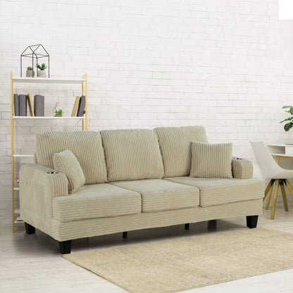 Divano moderno rettangolare in velluto a coste a 3 posti con USB e 2 cuscini