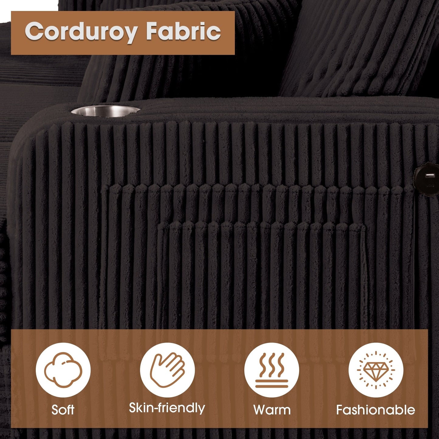 Divano moderno rettangolare in velluto a coste a 3 posti con USB e 2 cuscini