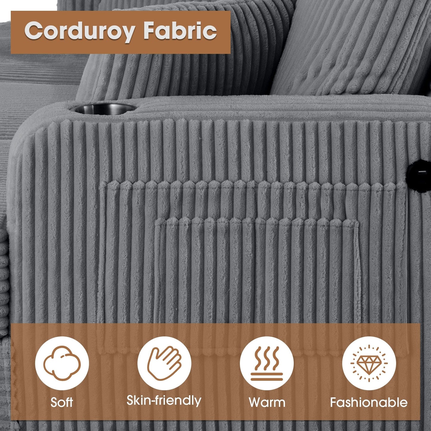 Divano moderno rettangolare in velluto a coste a 3 posti con USB e 2 cuscini