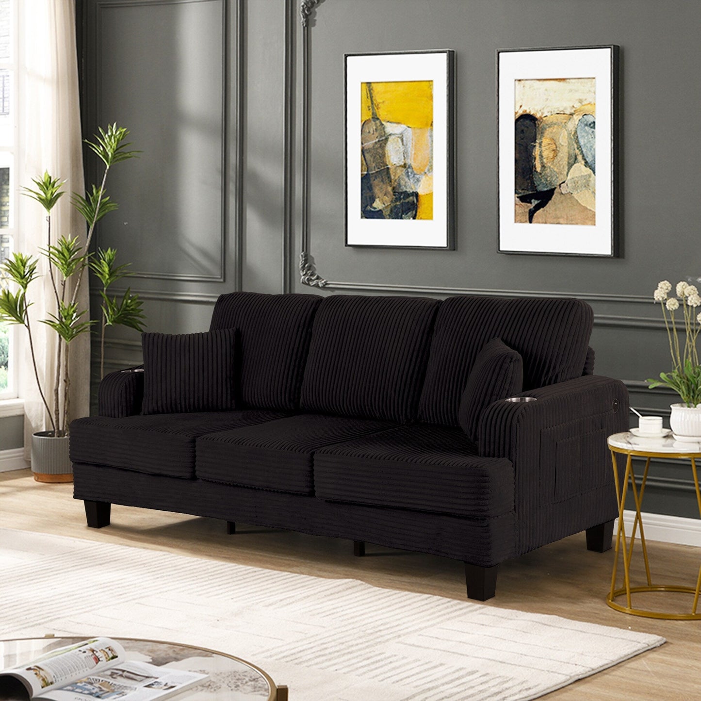 Divano moderno rettangolare in velluto a coste a 3 posti con USB e 2 cuscini