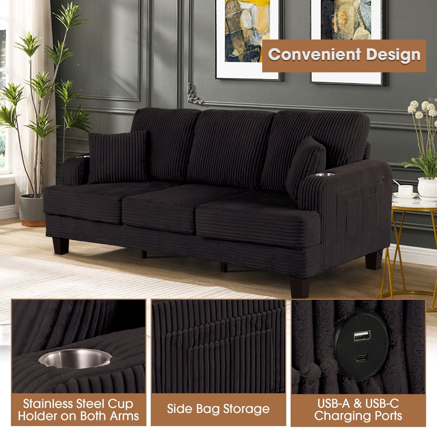 Divano moderno rettangolare in velluto a coste a 3 posti con USB e 2 cuscini