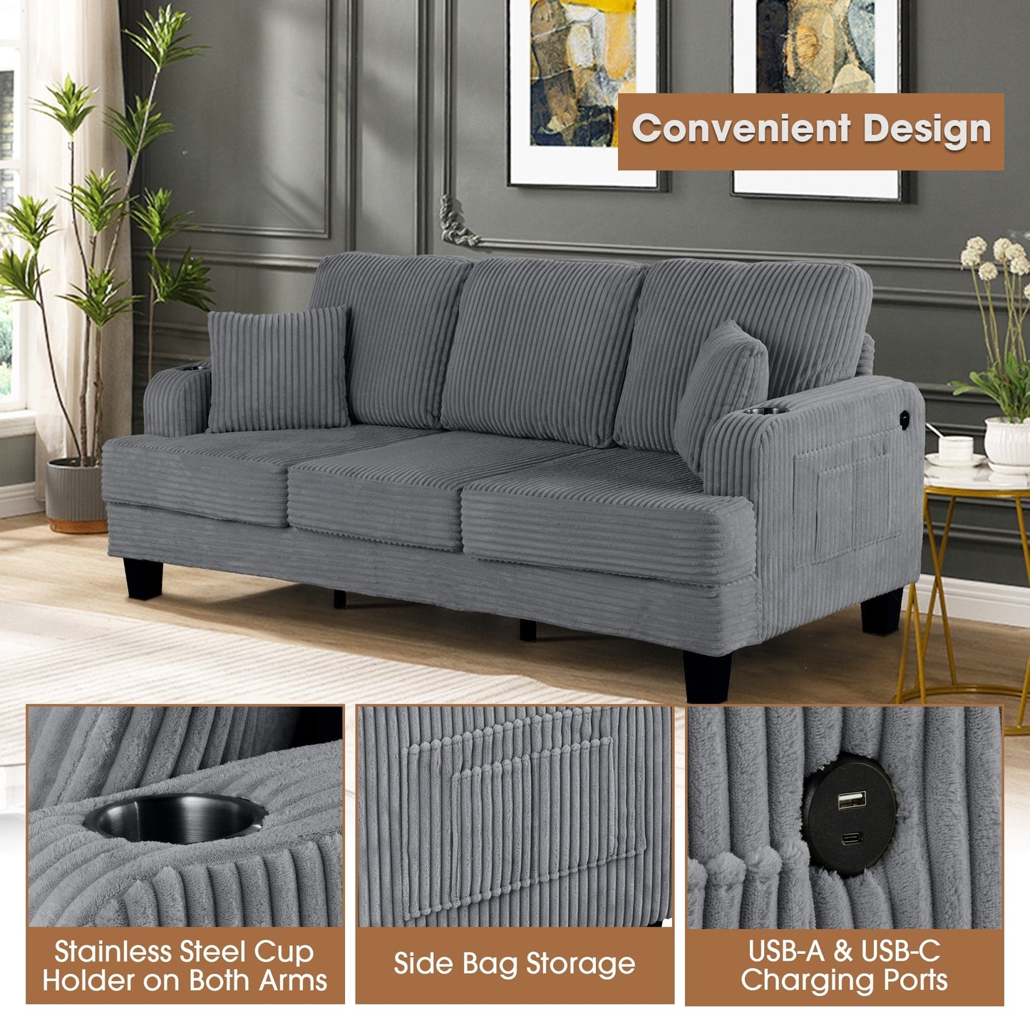 Divano moderno rettangolare in velluto a coste a 3 posti con USB e 2 cuscini