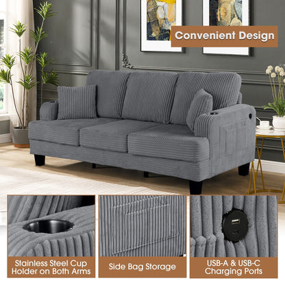 Divano moderno rettangolare in velluto a coste a 3 posti con USB e 2 cuscini