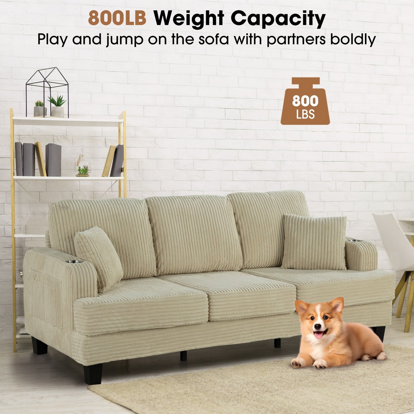 Divano moderno rettangolare in velluto a coste a 3 posti con USB e 2 cuscini