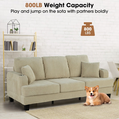 Divano moderno rettangolare in velluto a coste a 3 posti con USB e 2 cuscini