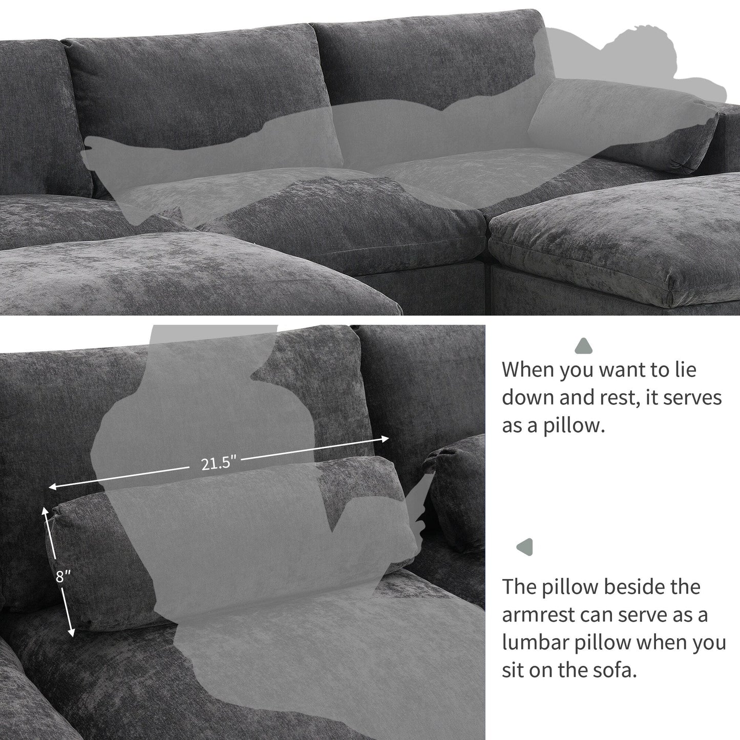 Divano componibile in ciniglia a forma di U da 86,5 pollici con tasche portaoggetti, 2 pouf mobili e cuscini decorativi per il soggiorno