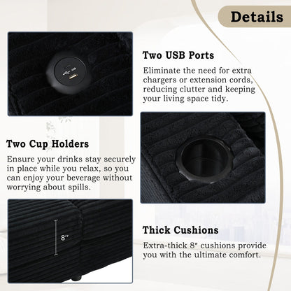 Divano chaise longue in velluto a coste da 86,5 pollici con 2 porte USB, portabicchieri e capacità di 550 libbre