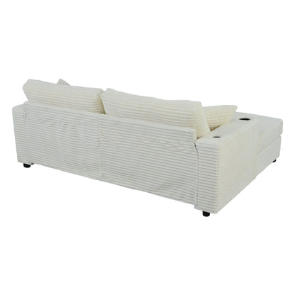 Divano chaise longue in velluto a coste da 86,5 pollici con 2 porte USB, portabicchieri e capacità di 550 libbre