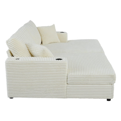 Divano chaise longue in velluto a coste da 86,5 pollici con 2 porte USB, portabicchieri e capacità di 550 libbre