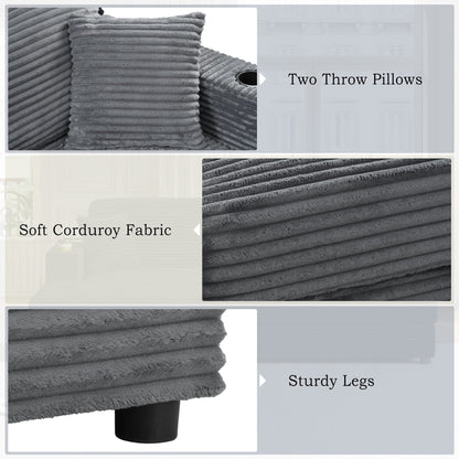 Divano chaise longue in velluto a coste da 86,5 pollici con 2 porte USB, portabicchieri e capacità di 550 libbre