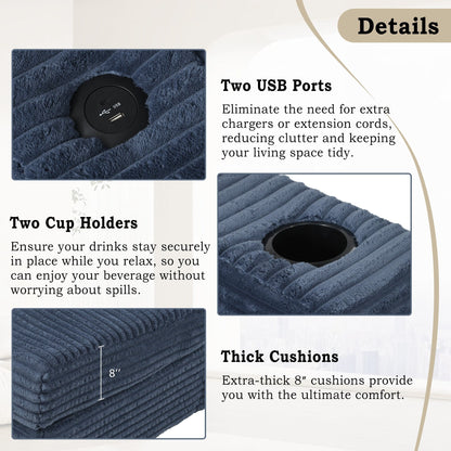 Divano chaise longue in velluto a coste da 86,5 pollici con 2 porte USB, portabicchieri e capacità di 550 libbre