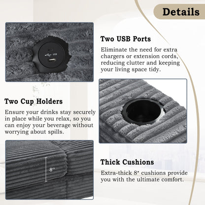 Divano chaise longue in velluto a coste da 86,5 pollici con 2 porte USB, portabicchieri e capacità di 550 libbre