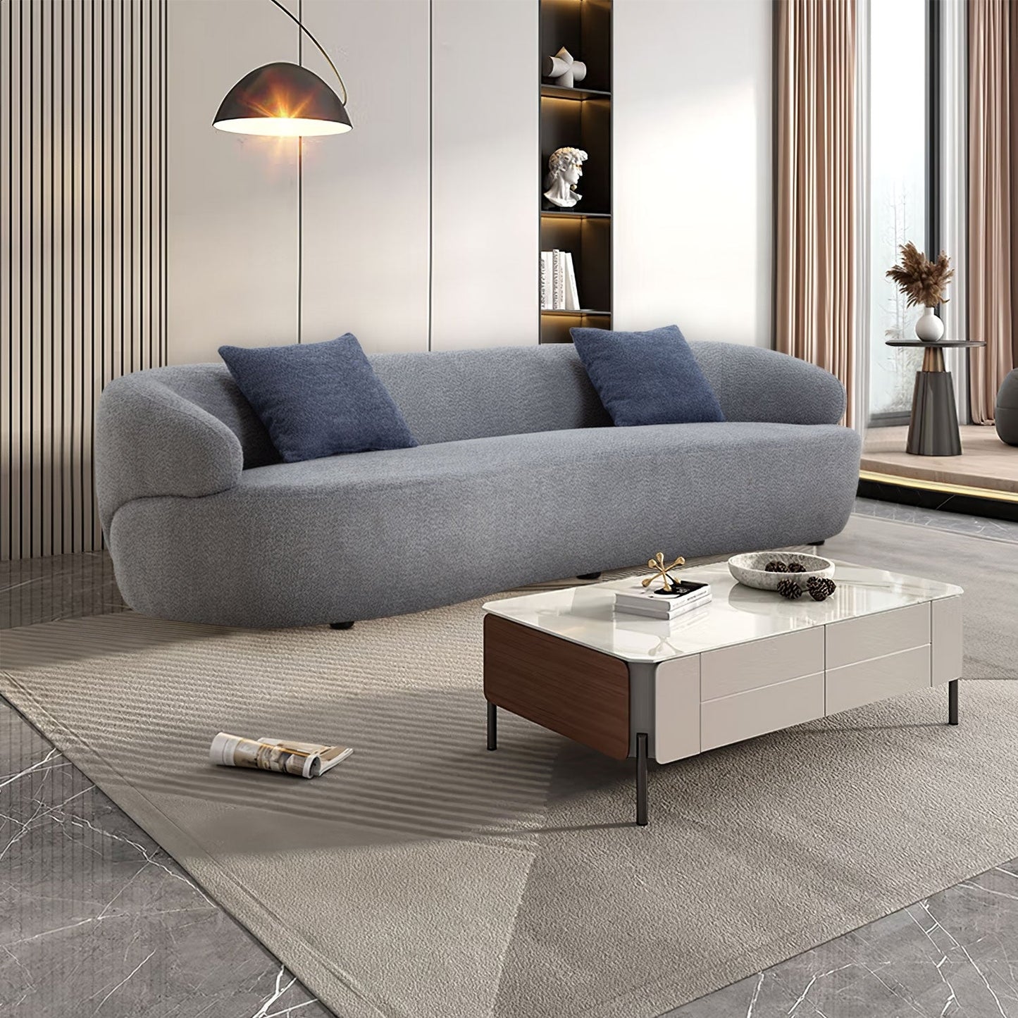 Divano moderno curvo imbottito in tessuto da 86,61 pollici a 3 posti