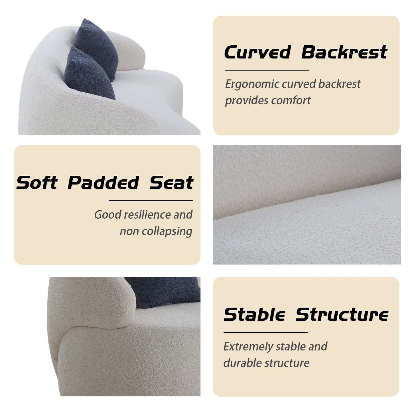 Divano moderno curvo imbottito in tessuto da 86,61 pollici a 3 posti