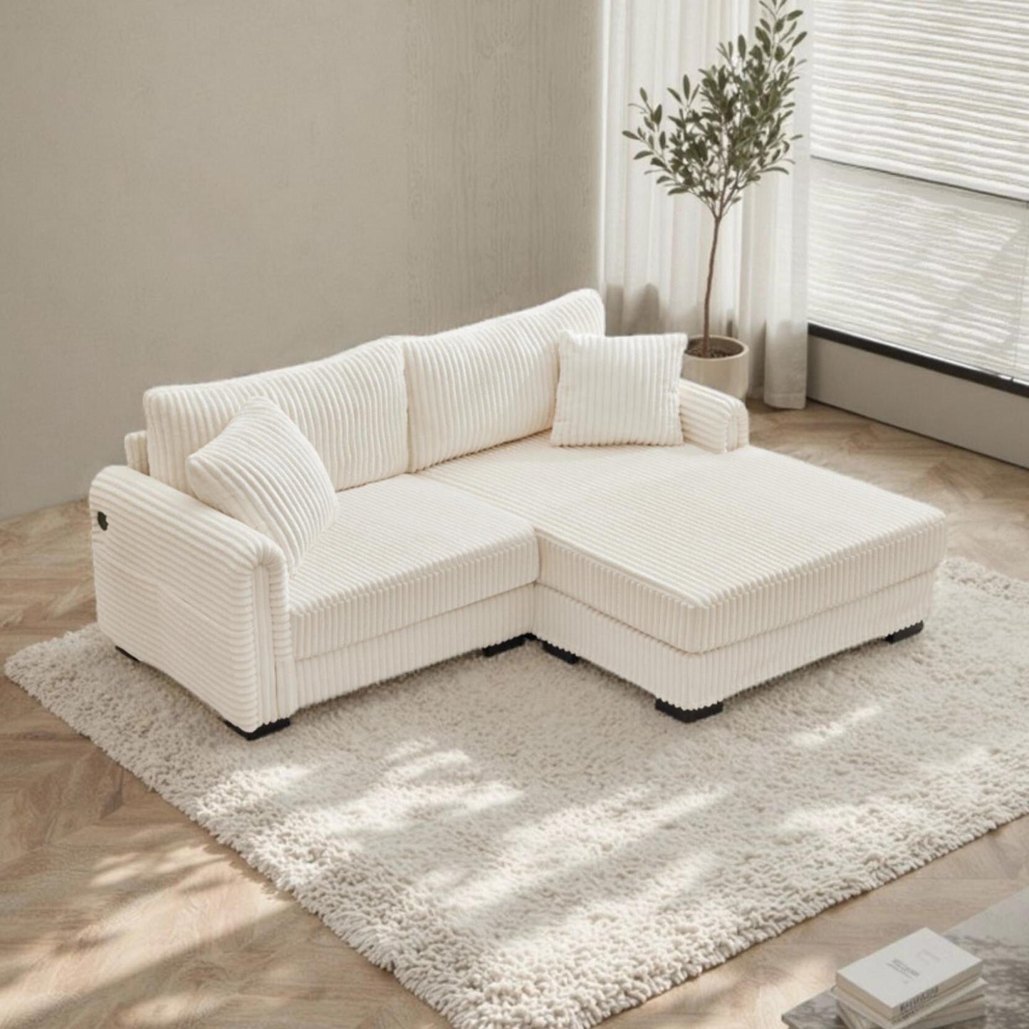 Divano reversibile a L da 86,6 posti in velluto a coste con ricarica USB-C e tasca portaoggetti per soggiorno