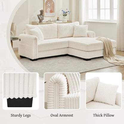 Divano reversibile a L da 86,6 posti in velluto a coste con ricarica USB-C e tasca portaoggetti per soggiorno