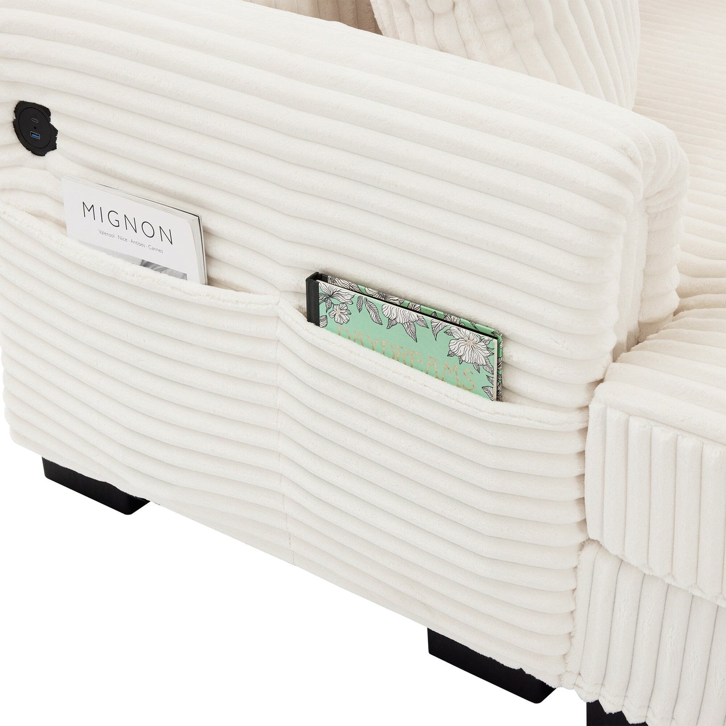 Divano reversibile a L da 86,6 posti in velluto a coste con ricarica USB-C e tasca portaoggetti per soggiorno