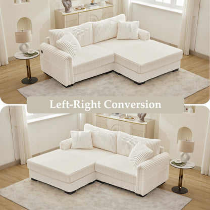 Divano reversibile a L da 86,6 posti in velluto a coste con ricarica USB-C e tasca portaoggetti per soggiorno