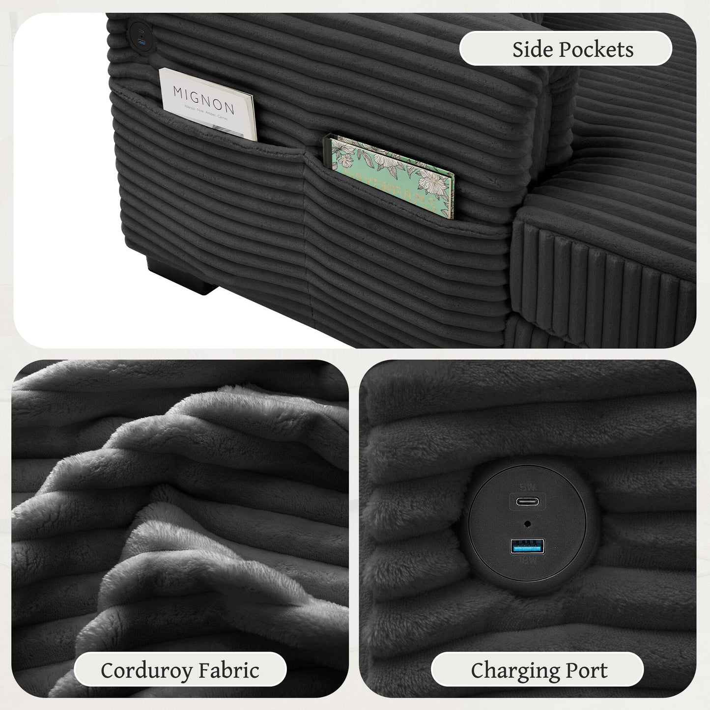 Divano reversibile a L da 86,6 posti in velluto a coste con ricarica USB-C e tasca portaoggetti per soggiorno