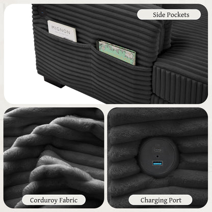 Divano reversibile a L da 86,6 posti in velluto a coste con ricarica USB-C e tasca portaoggetti per soggiorno