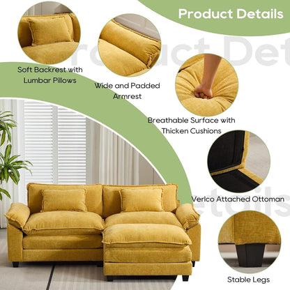 Divano componibile 86 Cloud - Divano a L in ciniglia con pouf e cuscini, seduta profonda (beige bianco)