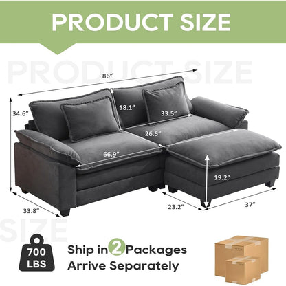 Divano componibile 86 Cloud - Divano a L in ciniglia con pouf e cuscini, seduta profonda (beige bianco)