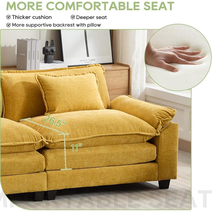 Divano componibile 86 Cloud - Divano a L in ciniglia con pouf e cuscini, seduta profonda (beige bianco)